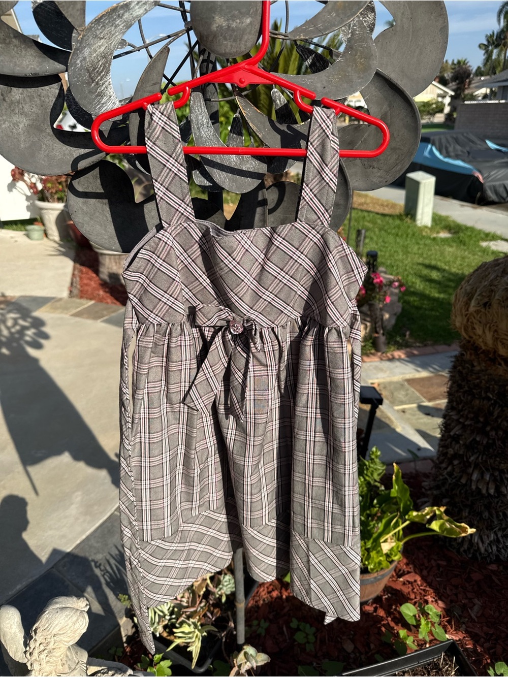 Youngland Gray and Pink Plaid Tie-Front Sundress